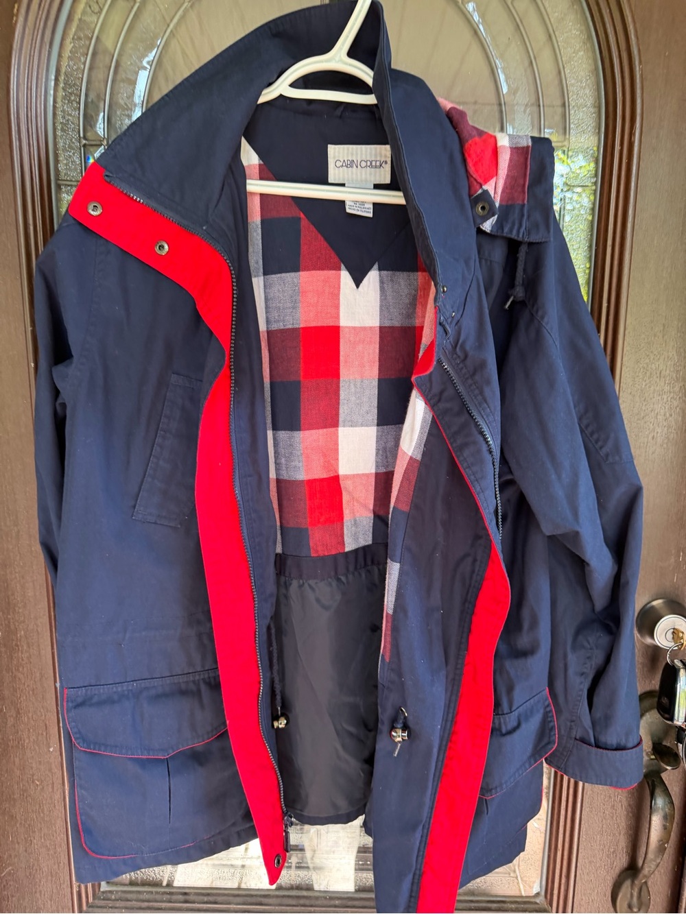 Cabin Creek Navy Utility Jacket with Red Trim and Plaid Lining